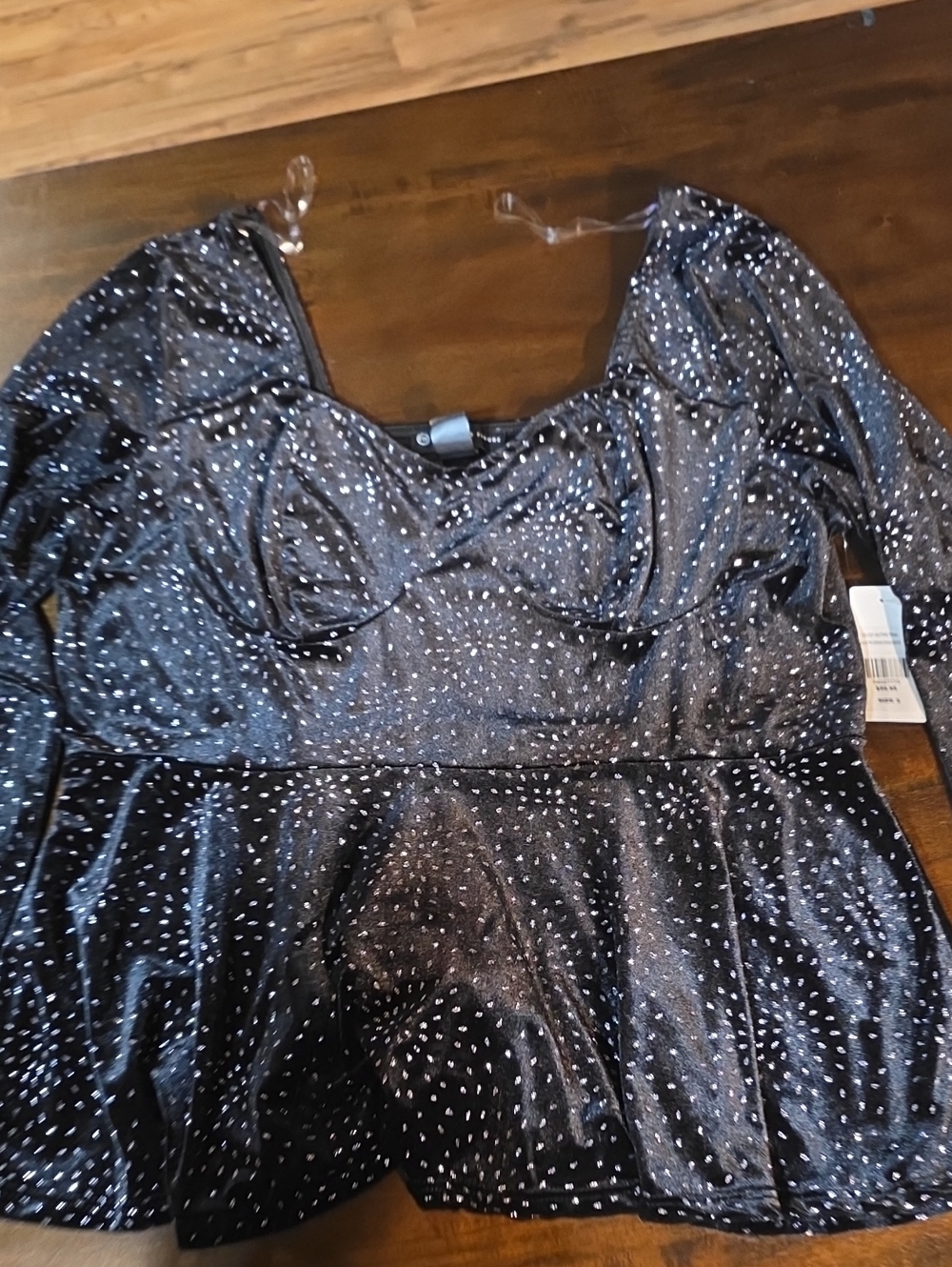 Fashion to Figure Black Sparkle Peplum Top with Polka Dot Shine